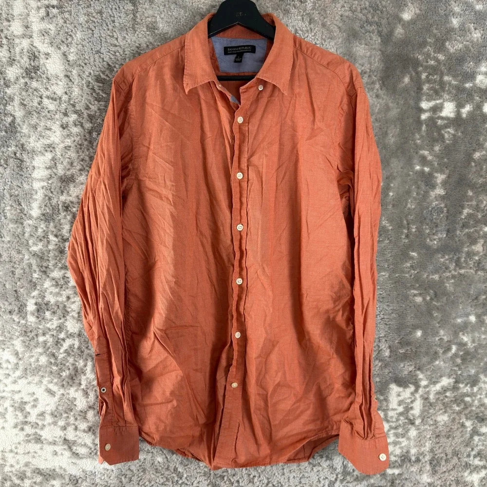 Banana Republic Sz L Soft Wash Tailored Slim Fit Button Down Shirt Orange LS Men